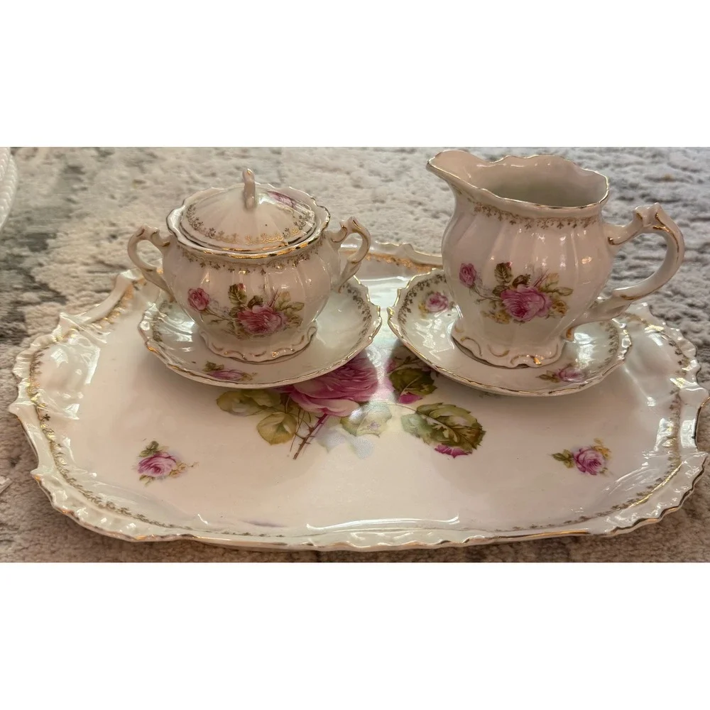 Vintage Porcelain Rose Tea Set Gold Gilded Tray Sugar Bowl Creamer 6 Piece